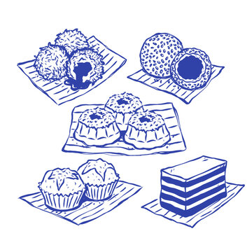 Hand Drawn Indonesian Traditional Cake Set Klepon Onde Onde Kue Putu Muffin and Layer Cake on Banana Leaf Sketch Collection