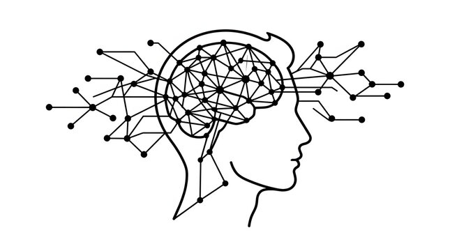 Human brain neural network connection line art illustration in minimalist black and white style. Generative AI illustration