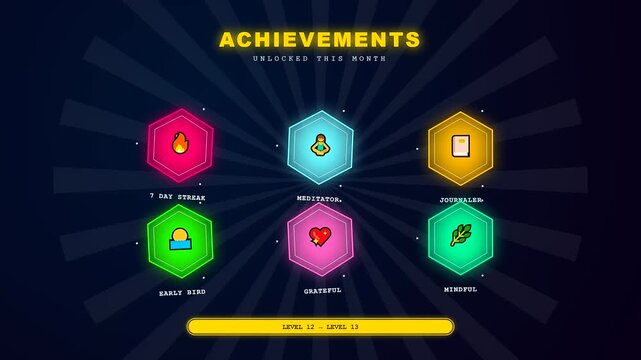 A dynamic digital interface showcases consistent Mental Wellness Progress through popping achievement icons and a filling experience bar on a glowing dark radial background.