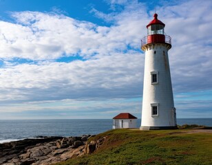 Obraz premium White lighthouse with red roof and lantern on rocky coastline overlooking calm ocean under blue sky with scattered clouds in a coastal landscape setting