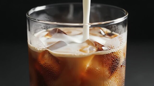 Pouring fresh milk into cold brew iced coffee glass close up. 4K Video