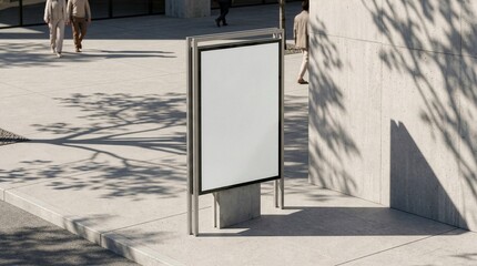 A blank vertical billboard mockup standing on a sunny corporate plaza sidewalk with tree shadows and blurred pedestrians. Perfect for showcasing urban advertising, corporate branding. © Studio Fiuza