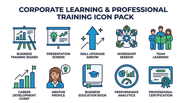 Dynamic Vector Icon Pack for Corporate Learning, Professional Training, and Business Development Programs