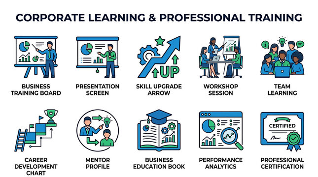 Comprehensive Vector Icon Set for Corporate Learning and Professional Development Programs