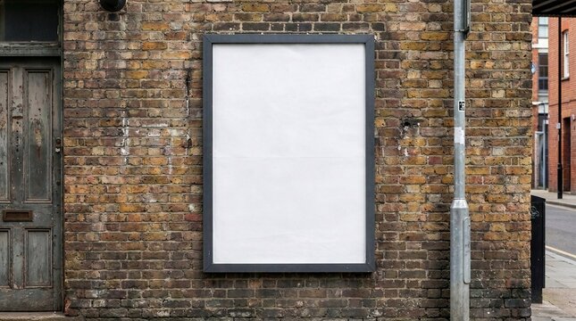 An empty vertical poster frame mounted on a weathered brick wall next to a rustic wooden door on a city street. Ideal for urban advertising, street art showcases, and vintage brand presentations.