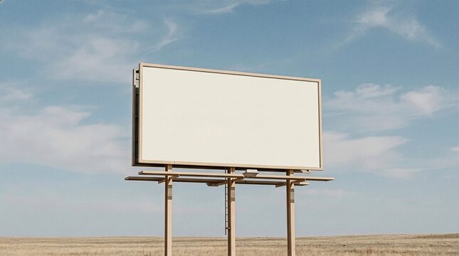 A large empty horizontal billboard mockup standing in a dry rural field under a bright blue sky. Perfect for highway advertising campaigns, countryside marketing, and outdoor brand presentations.