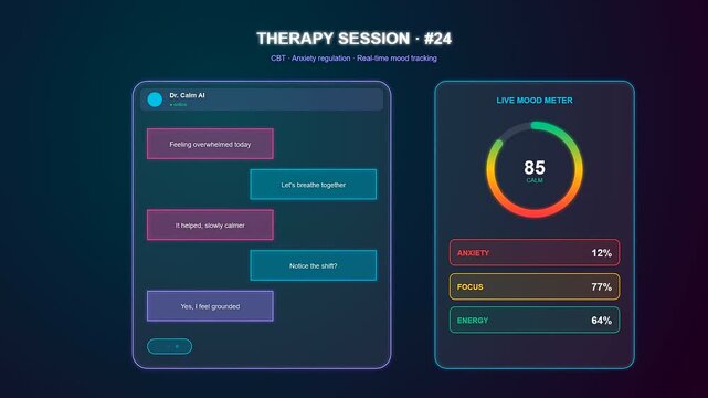 A digital interface demonstrates Mental Wellness Progress during an AI therapy session showing chat history and a live mood meter improving through breathing exercises.