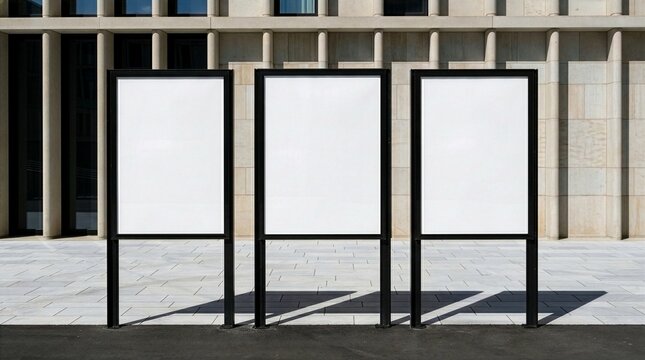 A set of three empty vertical poster display mockups standing on a sunny paved plaza in front of a modern corporate building. Ideal for urban advertising, public information, and multiple outdoor.