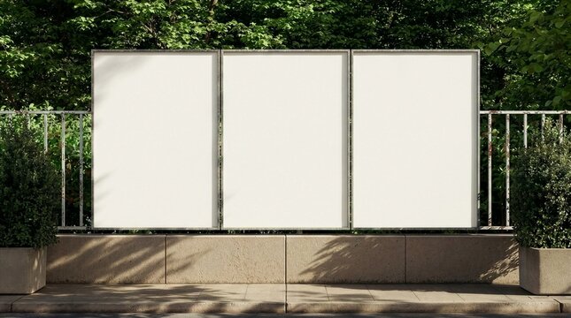 A set of three empty vertical poster frames mounted on a concrete fence with green trees in the background. A perfect outdoor triptych mockup for eco-friendly advertising, event promotions.