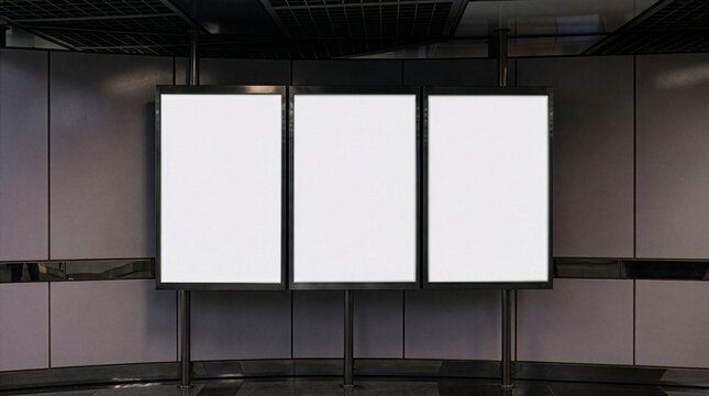 A set of three empty vertical poster mockups displayed in a modern underground subway station corridor. Perfect for showcasing public transit advertising, cinematic triptychs.