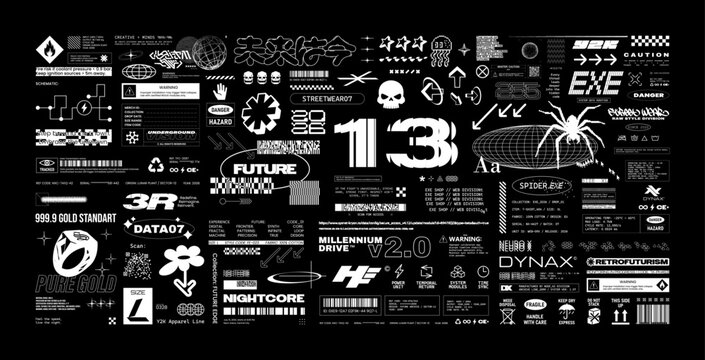 Dystopian UI graphic elements, tech labels, futuristic brutalism. A collage of tech-inspired decals and cyber symbols. Futuristic signs, symbols, logos and icons with HUD in cyberpunk style. Vector