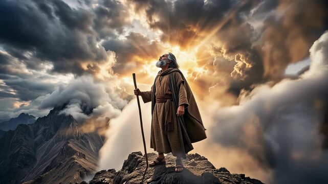Moses standing on a mountain peak amid swirling clouds and radiant heavenly light, staff in hand, an evocative portrayal of the biblical prophet receiving divine revelation.