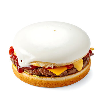 Isolated gourmet burger with melted cheese, bacon, lettuce, and sauce on a sesame seed bun, presented on a clean white background, perfect for fast food advertising