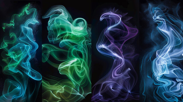 A series of photographs captured using a long exposure technique showcasing the movement and fluidity of bioluminescent materials. Swirls of vibrant green blue and purple