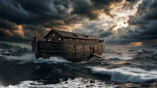 Noah's Ark battered by stormy seas and towering waves under dark thunderclouds, a massive wooden vessel with glowing portholes carrying life through the biblical flood