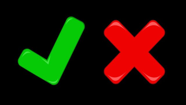 green check mark and red cross symbols loop animation with transparent alpha background for correct or incorrect decisions choice button concept