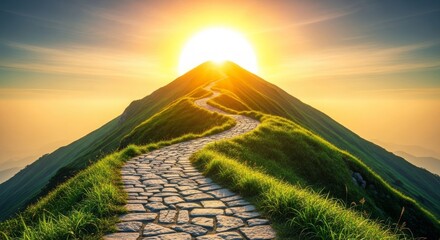 Fototapeta premium A winding stone path leads up a steep green mountain toward a glowing golden sun representing growth, achievement, and positive evolution, staircase, achievement, development