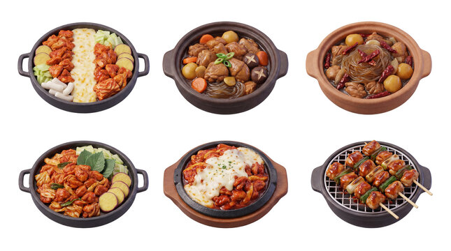 Set of Popular Korean Chicken Dishes: Dak-galbi, Andong Jjimdak, Cheese Dak-galbi, and Dak-kkochi