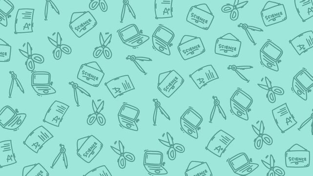 Light blue background with repeating office tool outlines or Education seamless pattern. Scissors, laptops, and documents appear in playful doodle style. 