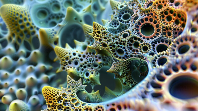 A high magnification image of bioinspired nanomaterials resembling tiny pollen grains with intricate patterns on their surface. These nanoparticles mimicking the catalytic