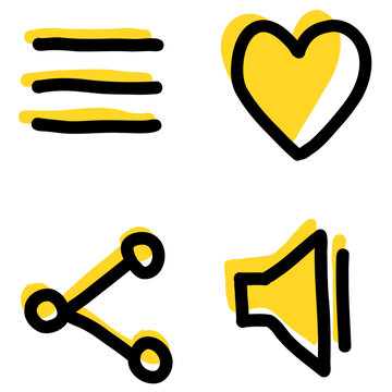 Abstract yellow and black graphic icons arranged in a 2x2 grid featuring three horizontal lines, a heart, a share symbol, and a megaphone.