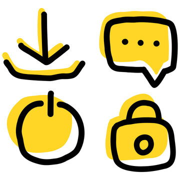 Four simplistic yellow shapes with bold black outlines representing a hand gesture, a speech bubble, a circular pendant, and a camera, arranged in a 2x2 grid on white background.