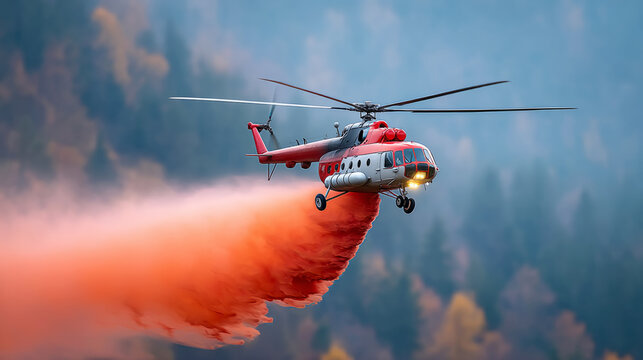 Firefighting helicopter disperses red retardant over forest in dramatic aerial operation