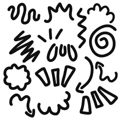 Fototapeta premium A collection of bold black hand-drawn shapes including spirals, wavy lines, arcs, and bursts on a white background, forming an abstract doodle composition.