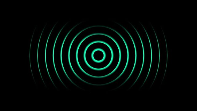 Neon green concentric circles pulsing motion background, abstract digital sound wave animation, futuristic technology interface