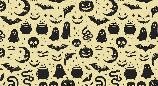 Halloween background, Spooky Halloween pumpkin, ghost, and cauldron seamless pattern