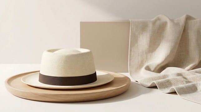 Topi jerami beige elegan dengan pita cokelat di atas nampan kayu, dikombinasikan kain bertekstur dan alas minimalis untuk estetika natural modern.