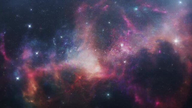 Deep space nebula video with shining stars and cosmic dust.