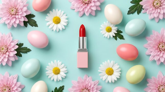 Lipstik merah cerah dengan bunga krisan pink, daisy putih, dan telur warna warni, paduan cantik untuk nuansa musim semi yang menawan.