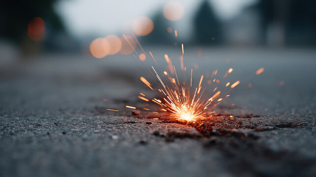 Sparks flying from safety flare illuminating dark street scene at night