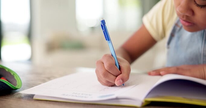 Homework, writing and child with paper in home for learning, education and assessment. House, pen and girl with book for school activity, assignment and lesson for studying, answer and development