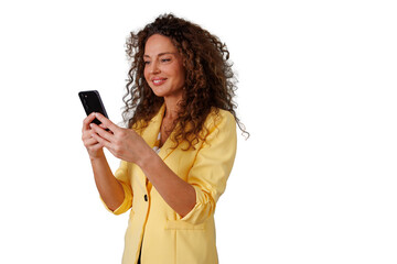 Fototapeta premium Woman smiling and texting on smartphone, enjoying social media communication and digital connection, transparent background