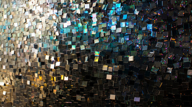 An upclose look at a large wall installation made from layers of discarded CDROMs and floppy disks creating a sparkling and textured surface.