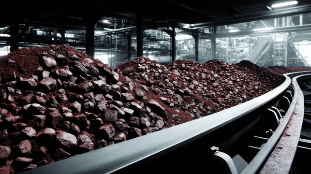 Industrial conveyor belt system transporting a large quantity of crushed ore for processing