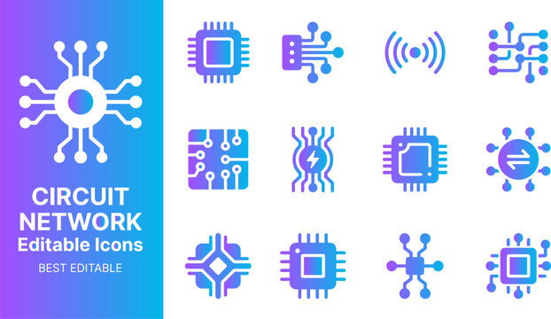 Circuit network editable icons technology electronic components abstract connections data processing.