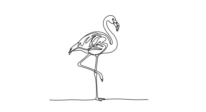Elegant Flamingo Standing on One Leg in Continuous Line Art.