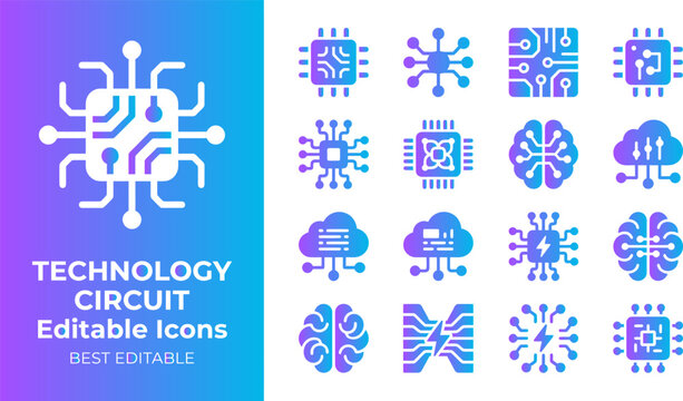 Technology circuit editable icons, computer hardware and digital processing symbols.
