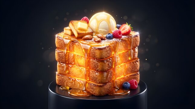 Gourmet French toast cube with melting butter and maple syrup, decadent breakfast brioche stack with berries and ice cream, luxury dessert food photography