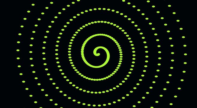 Green neon spiral motion background: hypnotic dotted circle animation