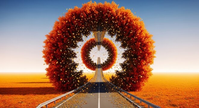 Vibrant orange and red trees line a vanishing road that mirrors itself into infinity, creating a surreal loop of falling leaves and gold, abstract, landscape, symmetry