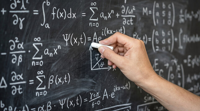 Hand writing complex math and science equations on a blackboard with chalk, symbolizing education, learning, and analytical problem-solving