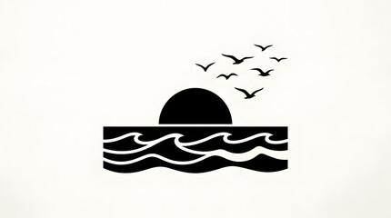 Fototapeta premium Silhouette of birds flying over ocean waves at sunrise with minimalist line art style. Generative AI illustration