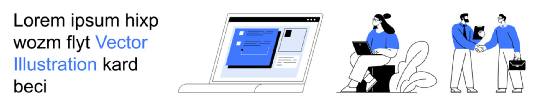 Remote work, virtual meetings, teamwork, technology design, digital communication, corporate settings. Laptop with screen interface, people sitting and interacting. Remote work and virtual meetings