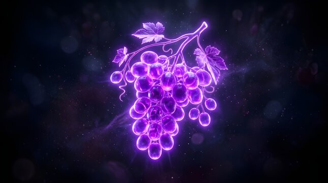 Glowing neon purple grapes on vine, luminous fruit bunch with electric light effect, vibrant violet grape cluster against dark bokeh background