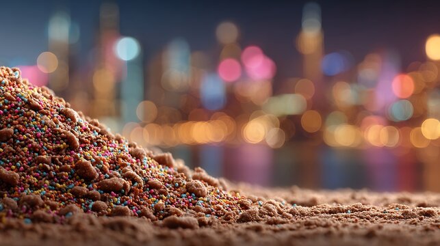 Close up of rich chocolate cookie crumbs and colorful sprinkles with a blurred city skyline at nig