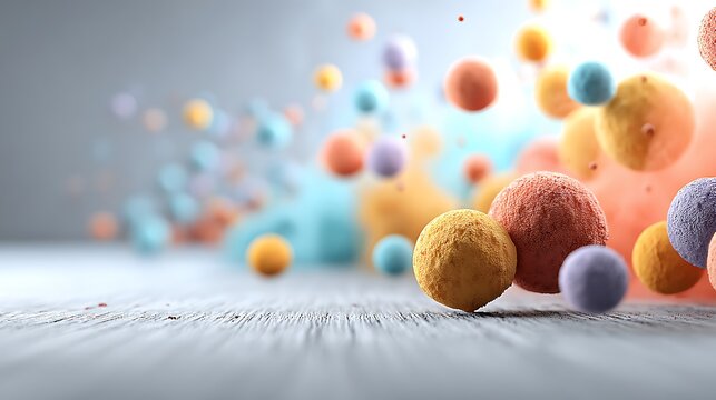 Abstract arrangement of textured spherical objects in pastel colors. floating softly against a blu